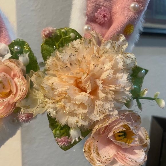 Floral Easter Ears / Bunny Ear Headband - Pink and White - Picture 2 of 5